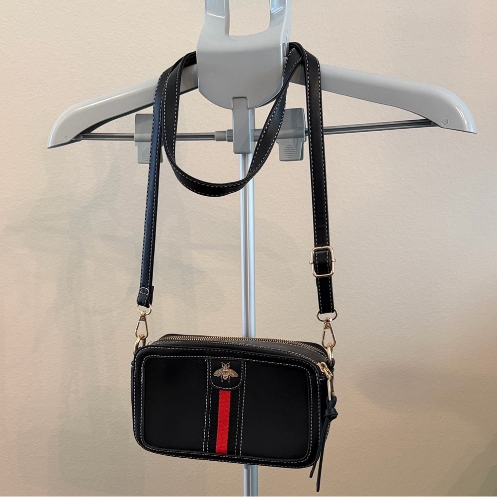 Black Crossbody Bag with Red Stripe and Bee Accent